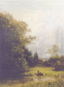 Rehe In Landschaft Mit Wald Und Waser (sommermorgen) by Adolf Heinrich Lier