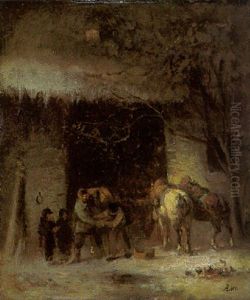 Vor Der Schmiede Im Winter by Adolf Heinrich Lier