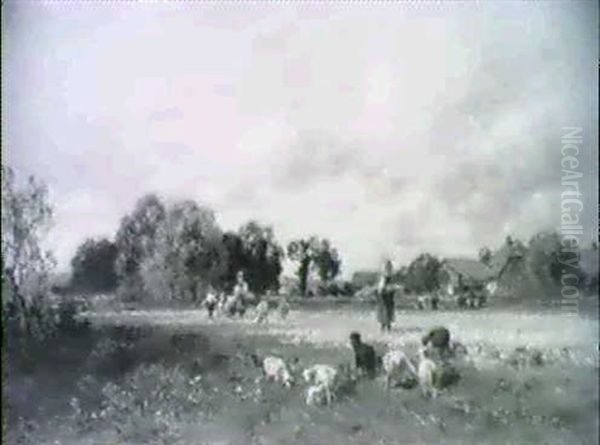 Sommerlandschaft Mit Weidenden Schafen Vorn, Ahrensammlerinnen Auf Dem Kornfeld Im Mittelgrund... - view 1
