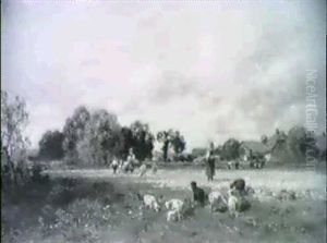 Sommerlandschaft Mit Weidenden Schafen Vorn,                Ahrensammlerinnen Auf Dem Kornfeld Im Mittelgrund...