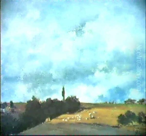 Voralpenlandschaft Unter Hohem Bewolktem Himmel, Vorne Auf  Einem Stoppelfeld Schafer Mit Seiner Herde - view 1