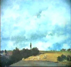 Voralpenlandschaft Unter Hohem Bewolktem Himmel, Vorne Auf Einem Stoppelfeld Schafer Mit Seiner Herde by Adolf Heinrich Lier