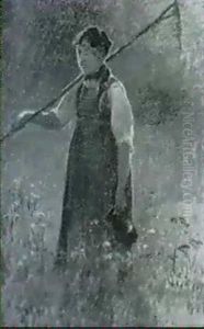 Junge Dachauerin Mit Heurechen Und Wasserkrug Auf Bluhender Wiese by Adolf Heinrich Lier