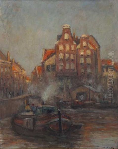 Alt.rotterdam. Hauser In Der Abenddammerung An Einer Gracht Mit Booten Und Figurenstaffage - view 1
