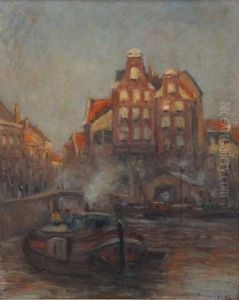 Alt.rotterdam. Hauser In Der Abenddammerung An Einer Gracht Mit Booten Und Figurenstaffage by Helmuth Liesegang