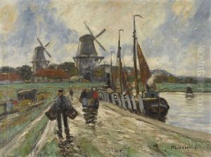 Landschaft Am Niederrhein Mit Windmuhlen Und Booten by Helmuth Liesegang