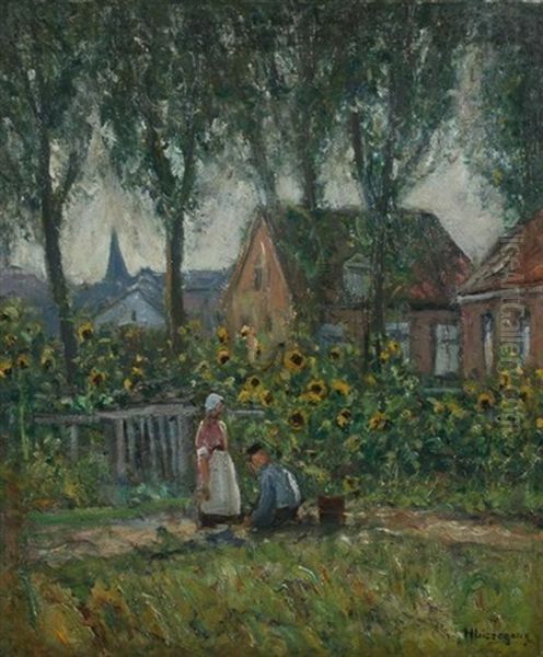 Village Scene With Sunflowers - view 1