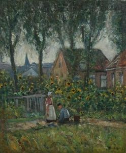 Village Scene With Sunflowers