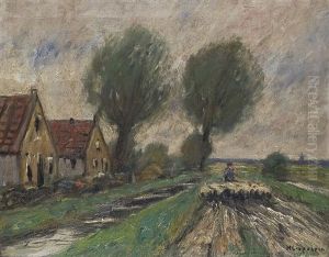 With The Sheep In Front Of The Yard by Helmuth Liesegang