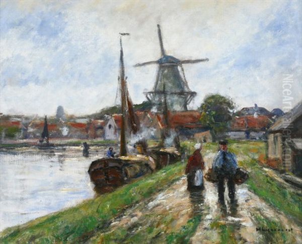 Dorf Am Kanal Mit Booten Und Windmuhle - view 1