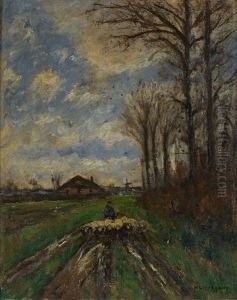 Schafer Mit Seiner Herde Auf Einem Feldweg by Helmuth Liesegang