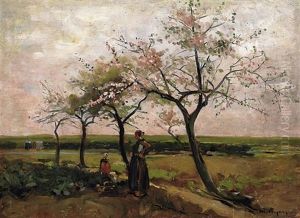 Im Vorfruhling. Bauerin Mit Tochter An Einem Von Bluhenden Obstbaumen Bestandenen Feldesrand by Helmuth Liesegang