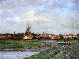 Hollandische Dorflandschaft Mit Windmuhle