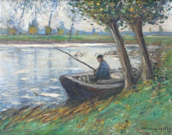 Niederrheinische Landschaft Mit Angler In Seinem Boot Am Ufer - view 1