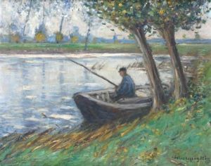 Niederrheinische Landschaft Mit Angler In Seinem Boot Am Ufer Niederrheinische Landschaft Mit Angler In Seinem Boot Am Ufer