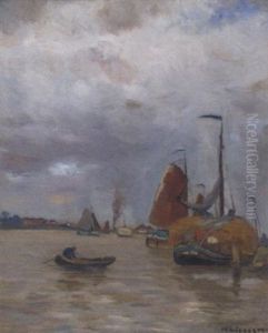 Rowing Out, Before Barges On A Canal by Helmuth Liesegang