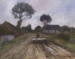 Heimtrieb. Ein Schafer, Seine Herde Die Dorfstrase Hinunter Treibend by Helmuth Liesegang