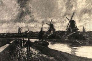 Eine Hollandische Kleinstadt Mit Windmuhlen Und Einem Fischerboot Eine Hollandische Kleinstadt Mit Windmuhlen Und Einem Fischerboot