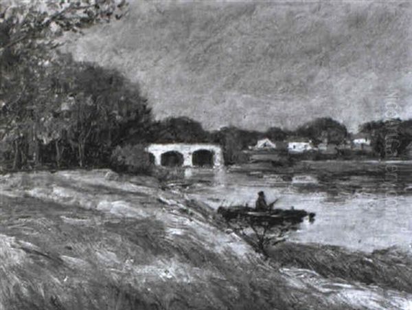 Bewaldete Fluslandschaft Mit Angler In Einem Boot - view 1