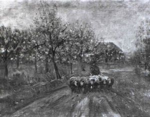 Schafer Mit Herde Vor Bluhenden Baumen Schafer Mit Herde Vor Bluhenden Baumen