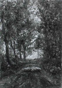 Schafer Mit Seiner Herde In Einer Allee by Helmuth Liesegang
