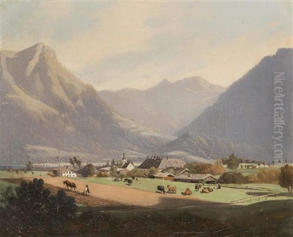 Pflugender Bauer Und Weidende Kuhe In Alpiner Landschaft - view 1