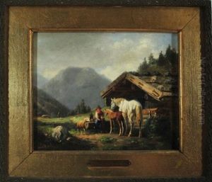 Bauerin Futtert Ihre Stute Mit Fohlen, Schaf Und Ziege Auf Der Alm