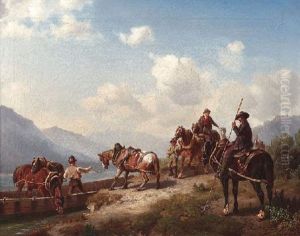 Verladung Einiger Pferde Auf Ein Fahrboot Auf Einem Alpensee by Karl Lieske