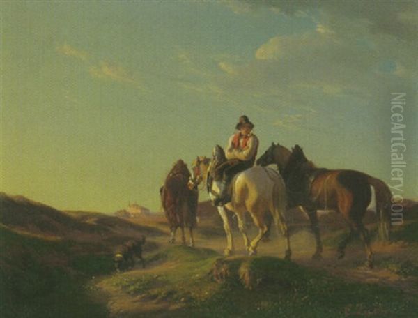 Ein Pferdeknecht Mit Drei Saumtieren Und Seinem Hund Auf Dem Weg Zu Der Klosteranlage Am See In Der Ferne - view 1