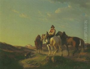 Ein Pferdeknecht Mit Drei Saumtieren Und Seinem Hund Auf Dem Weg Zu Der Klosteranlage Am See In Der Ferne by Karl Lieske