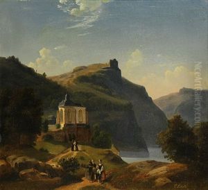 Mountain And Lake Landscape With Figures Walking by Cornelis Lieste