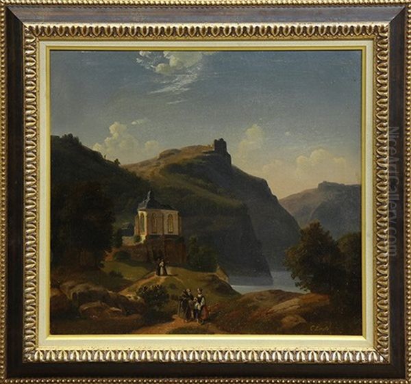 Mountain And Lake Landscape With Figures Walking - view 1