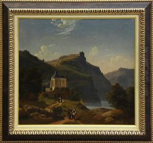 Mountain And Lake Landscape With Figures Walking by Cornelis Lieste