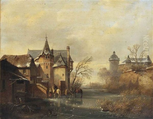 A Winter Landscape With Horses And Figures On The Ice Near A Castle - view 1