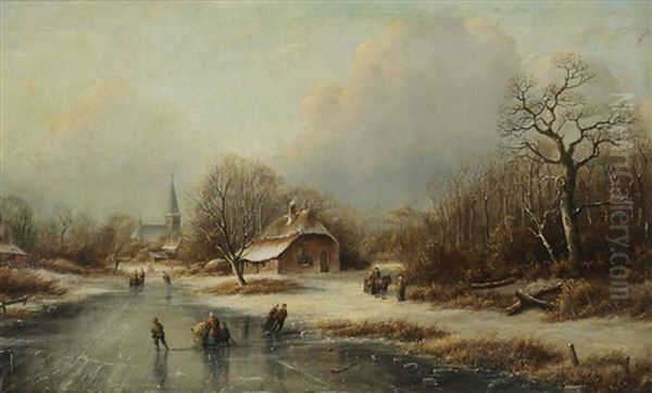 Paysage Aquatique En Hollande Anime De Patineurs A Glace Et De Personnages Pres D`un Village - view 1
