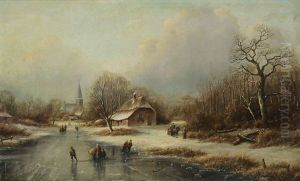 Paysage Aquatique En Hollande Anime De Patineurs A Glace Et De Personnages Pres D`un Village by Cornelis Lieste