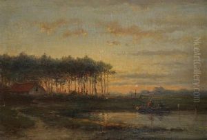 Landscape With Fishermen In A Boat At Sunset by Cornelis Lieste