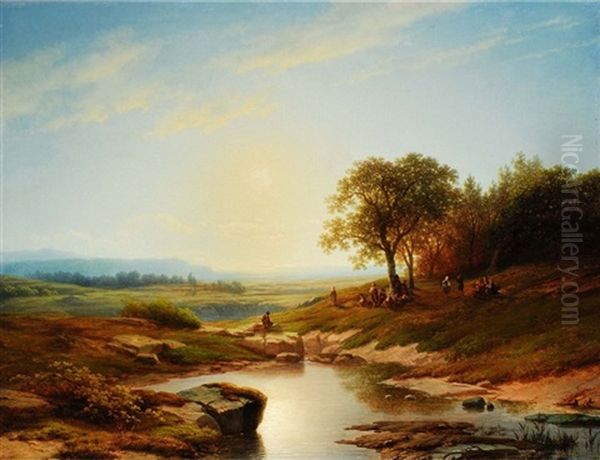 Tiefe Bachlandschaft Mit Figurenstaffage Bei Sonnenuntergang - view 1