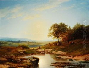 Tiefe Bachlandschaft Mit Figurenstaffage Bei Sonnenuntergang by Cornelis Lieste