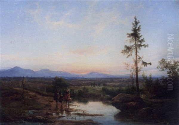 A Family Crossing A River In A River Landscape At Dusk - view 1
