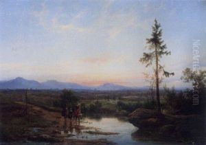A Family Crossing A River In A River Landscape At Dusk by Cornelis Lieste