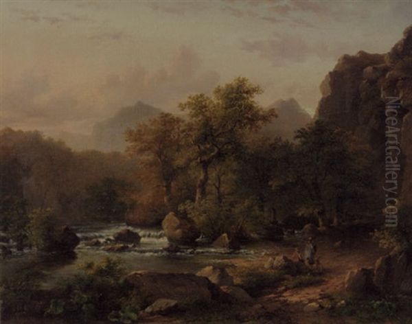 Travellers Conversing Along A Torrent In A Mountainous Landscape - view 1
