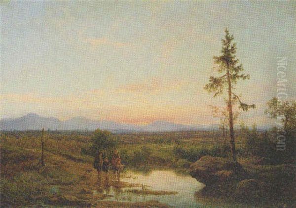 A Family Crossing A River In A Hilly Landscape At Dusk - view 1
