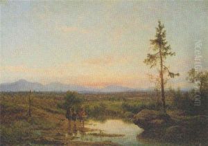 A Family Crossing A River In A Hilly Landscape At Dusk by Cornelis Lieste