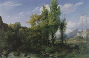 Bosachtig Berglandschap Met Visser Bij Een Beekje Bosachtig Berglandschap Met Visser Bij Een Beekje