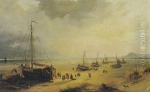 Strandgezicht Met Bomschuiten Op Het Strand by Cornelis Lieste