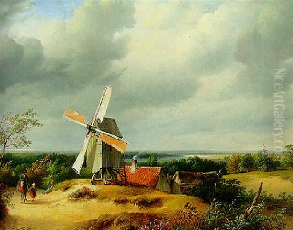 A Panoramic River Landscape With Figures Passing A Windmill - view 1