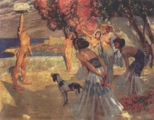 Haremsdamen Mit Steinstemmendem Adonis Auf Sudlicher Meeresterrasse Haremsdamen Mit Steinstemmendem Adonis Auf Sudlicher Meeresterrasse