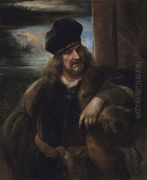 Portrait Of A Man, Half-length, In A Fur Coat And A Velvet Cap, An Extensive Landscape Beyond by Jan Lievens