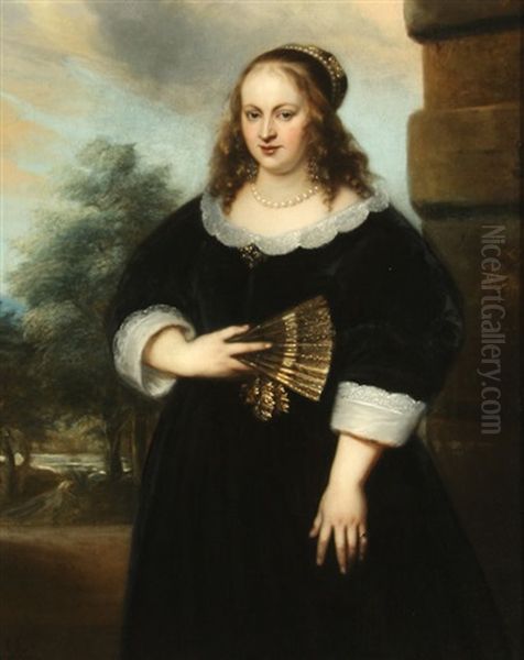 A Portrait Of A Lady Holding A Fan With Garden In Background - view 1